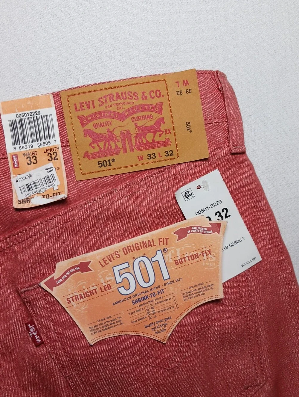 Levi's 501 Mens White Oak Cone Denim Jeans 33X32 Coral NWT Button Fly